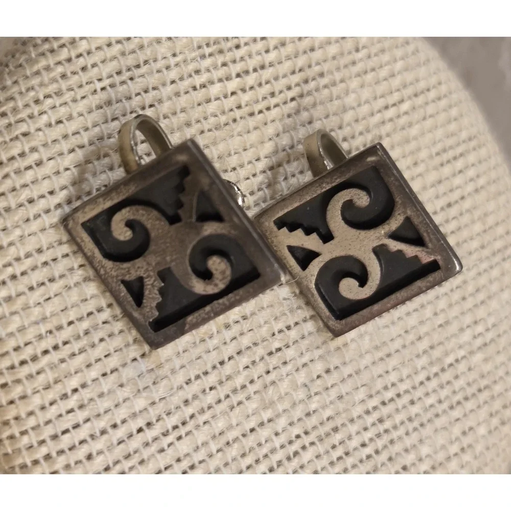 Art‎ Deco Aztec Style Sterling Silver Taxco Screw Back Earrings Signed 925